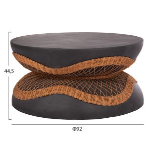 Round coffee table Anna Hm18157.01 fiber cement in black-natural rattan -- Φ92x44.5cm.
