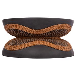 Round coffee table Anna Hm18157.01 fiber cement in black-natural rattan -- Φ92x44.5cm.