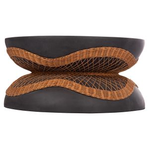 Round coffee table Anna Hm18157.01 fiber cement in black-natural rattan -- Φ92x44.5cm.
