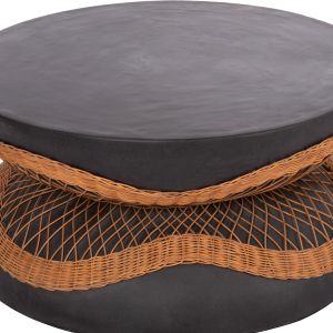 Round coffee table Anna Hm18157.01 fiber cement in black-natural rattan -- Φ92x44.5cm.