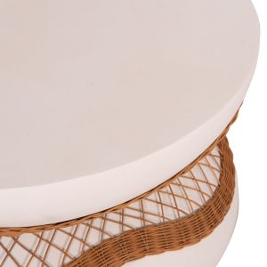 Round coffee table Anna Santorini Hm18157.02 fiber cement in white color - natural rattan -- Φ92x44.5h cm.