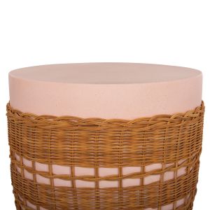 Round coffee table Vilhena Hm18166 fiber cement pink - natural rattan Φ44.5x45hcm.