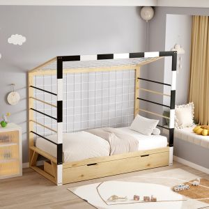 Легло с матрак Goalie Hm21309 борова дървесина в естествен-бял-черен--матрак 90x190см