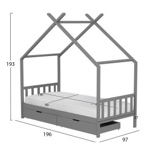 Легло с матрак Klarice Hm21305.02 борова дървесина в сив цвят -- матрак 90x190см