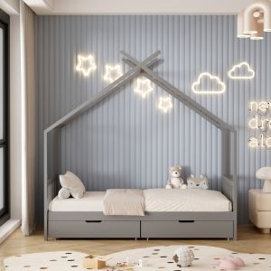 Легло с матрак Klarice Hm21305.02 борова дървесина в сив цвят -- матрак 90x190см