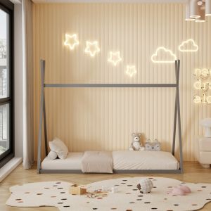 Легло с матрак Munk Hm21306.02 борова дървесина в сив цвят -- матрак 90x190см
