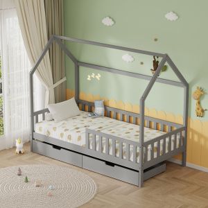 Bed with drawers Phyllis Hm21324.02 pine wood in gray - with mattress 90x190cm
