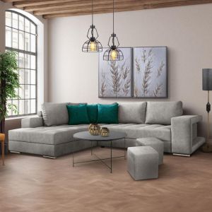 Left corner sofa New Karina beige color with decorative pillows and a stool in petrol blue 278x218x85cm