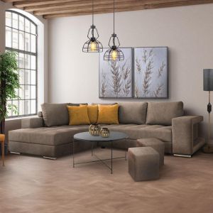 Left corner sofa New Karina brown color with yellow decorative pillows and stool 278x218x85cm
