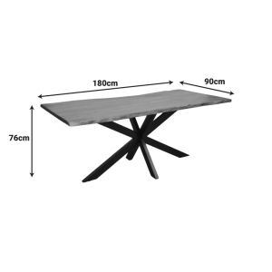 Lenoua table made of solid acacia wood, 3.7-4 cm thick, walnut color, with black metal legs, 180x90x76 cm