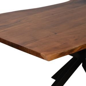 Lenoua table made of solid acacia wood, 3.7-4 cm thick, walnut color, with black metal legs, 180x90x76 cm