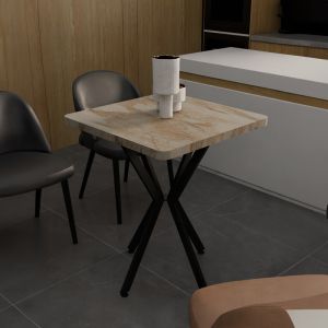 Prestone table with melamine top, white marble color and black metal legs 70x70x75cm
