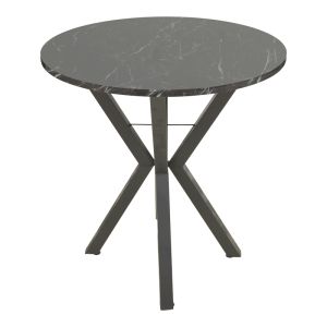 Rogue table, black marble look, with black metal legs, diameter 70x72 cm