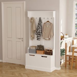 Мебели за анти Kaylor Hm2475,03 с кукички и място за Съхранение-mdf в бяло 93x34x180hcm