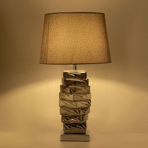 Table lamp with linen shade, gray ceramic - metallic silver 30x30x51cm