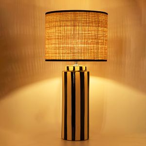 Table lamp with rattan shade, beige, ceramic, beige - black 30x30x61.5cm
