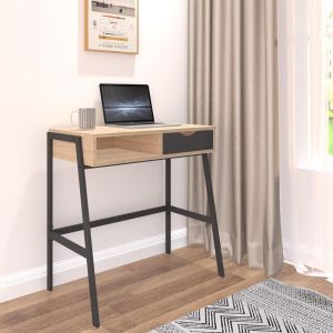 Office desk with shelf and drawer Rezio in oak color with black metal leg 75x45x76cm