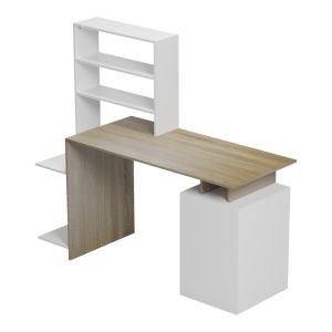 Офис бюро с рафт и шкаф меза в цвят сонома-бяло 146.3x55x128.8см