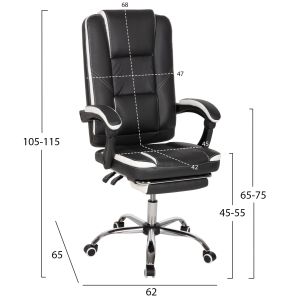 Office chair Seena, black and white Pu, foldable footrest 62x65x115cm Hm1190,02