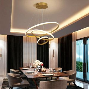 RINGS LED METAL CHANDELIER WITH GOLDEN LAMP SHADE D60X100CM