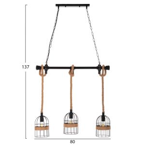 Chandelier for 3 bulbs black metal and natural hemp rope 80x14.5x137hcm