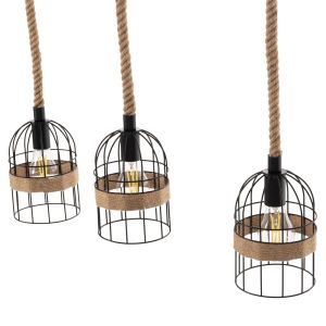 Chandelier for 3 bulbs black metal and natural hemp rope 80x14.5x137hcm