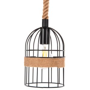 Chandelier for 3 bulbs black metal and natural hemp rope 80x14.5x137hcm