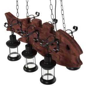 Chandelier for 6 bulbs wooden fish and black metal 95x35x116hcm