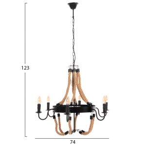 Chandelier for 6 bulbs with rope and black metal 74x74x123hcm