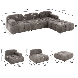 Polymorphic sofa Stonehenge Shifter Hm6073,02 textured fabric in gray color 290x196x76hcm