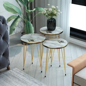 Wakmi side tables set of 3 pieces made of melamine top in white-beige marble color and gold metal legs