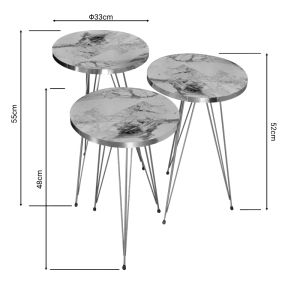 Wakmi side tables set of 3 pieces made of melamine top in white-beige marble color and gold metal legs
