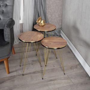 Wakmi side tables set of 3 pieces with oak-colored melamine top and gold metal legs