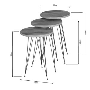 Wakmi side tables set of 3 made of melamine top, natural color and black metal legs