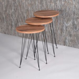 Wakmi side tables set of 3 made of melamine top, natural color and black metal legs