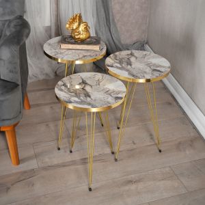 Wakmi side tables set of 3 pieces made of melamine top in gray-beige marble color and gold metal legs