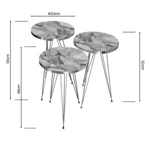 Wakmi side tables set of 3 pieces made of melamine top in gray-beige marble color and gold metal legs