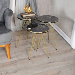 Wakmi side tables set of 3, melamine top, black marble color and gold metal legs