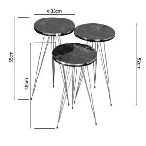 Wakmi side tables set of 3, melamine top, black marble color and gold metal legs