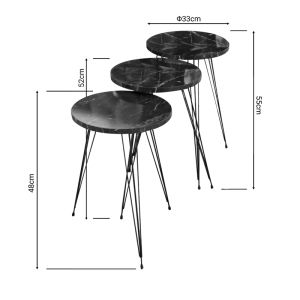 Wakmi side tables set of 3, melamine top, black marble color, with black metal legs