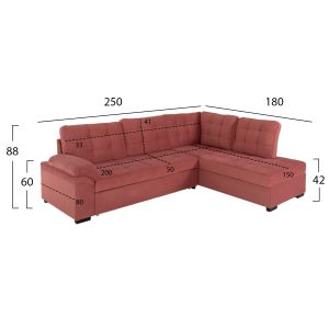 Right-angle sofa bed Jade Hm3144,03r with plush fabric, rose ash color 250x80-180x73-88hcm