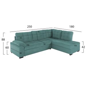 Right-angle sofa bed Jade Hm3144,04r with plush fabric, green color 250x80-180x73-88hcm