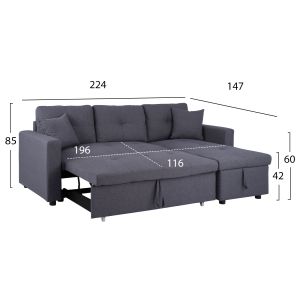Corner sofa bed Wayne 224x147x85 Hm3028.11 gray textile