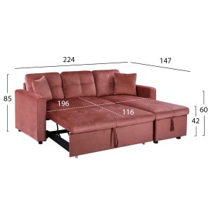 Wayne corner sofa bed with plush rose ash fabric 224x147x85cm Hm3028.12