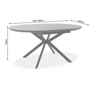 Spiral extendable dining table with gray top and black metal legs 120-160x120x75m