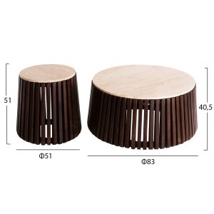 Set of 2 coffee tables Krest Hm11958 acacia solid wood - travertine top D90 D50cm