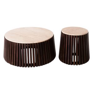 Set of 2 coffee tables Krest Hm11958 acacia solid wood - travertine top D90 D50cm
