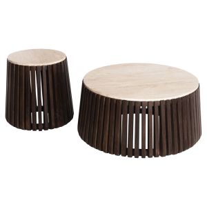 Set of 2 coffee tables Krest Hm11958 acacia solid wood - travertine top D90 D50cm