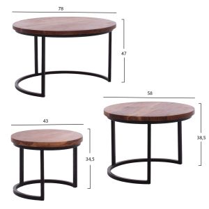 Set of 3, tables Obi Hm9255 acacia solid wood, black metal legs 78x47