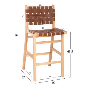 Средно висок бар стол мангово дърво, кафява кожа Felipe Medium Height Hm9329,01 45x47x94hcm